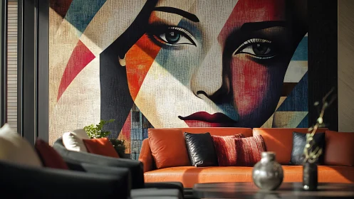 Geometric muse watching over a sunlit modern lounge wall.