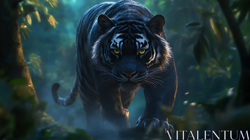 Midnight tiger padding softly through misty jungle light.