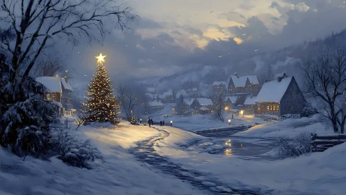 Snowy village glows under illuminated Christmas tree star