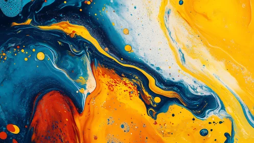 Liquid pigments form swirling abstract blue and yellow composition