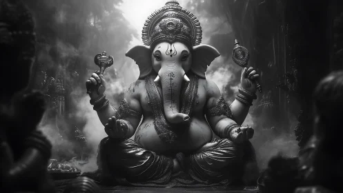 Elephant-headed deity statue sits in mist-filled temple space