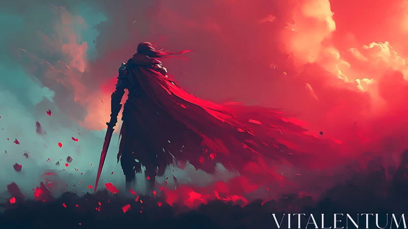 Crimson wanderer strides through storm-torn skyfire horizon