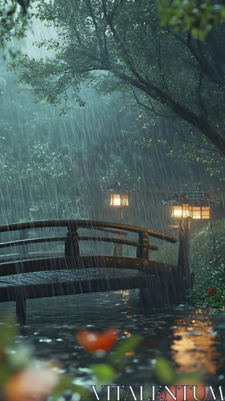 Wooden garden bridge glows softly under heavy evening rain