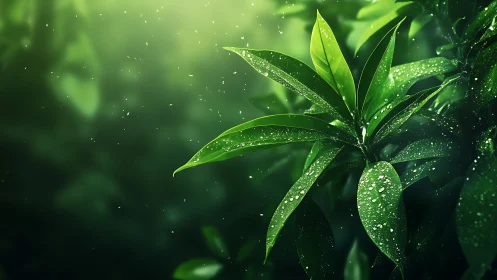 Digital botanical study of dew-covered foliage in soft bokeh light.