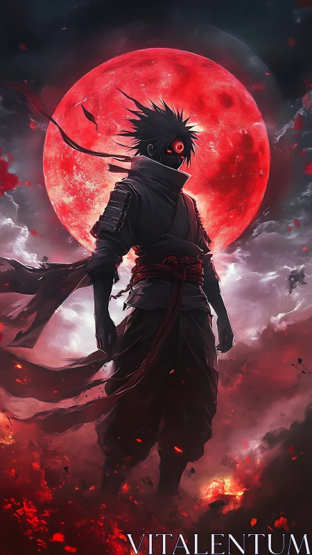 Silhouetted warrior before large red moon in swirling clouds.