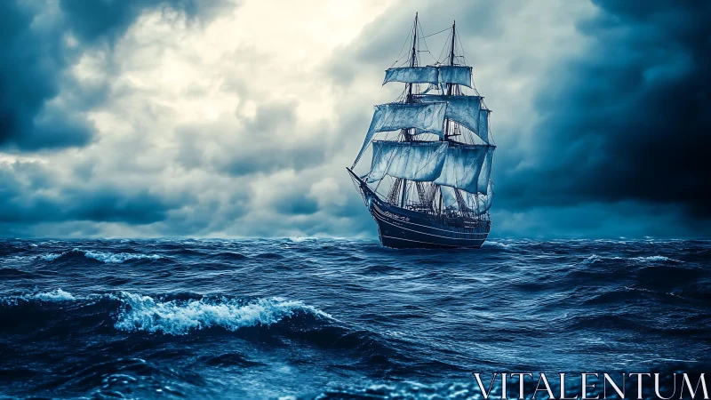 Square-rigged tall ship under storm-dark cumulonimbus sky at sea