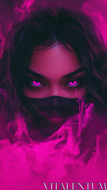 Neon masked femme with magenta smoke and glowing cyber eyes.
