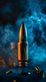 Single brass bullet in colored smoke on dark background.