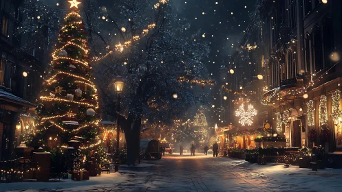Snow-covered Christmas market street illuminated by dense warm lights