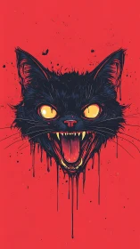 Neon-fanged black cat head melts over venom-red void.