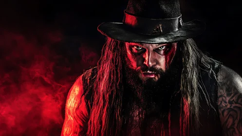 Low-key portrait of intense bearded man in hat, red smoke rimlight