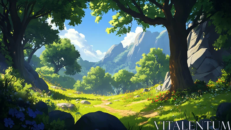 Digital landscape valley framed by large ancient trees