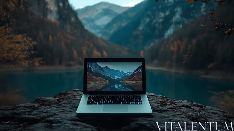 Open laptop aligns digital display with alpine lake panorama
