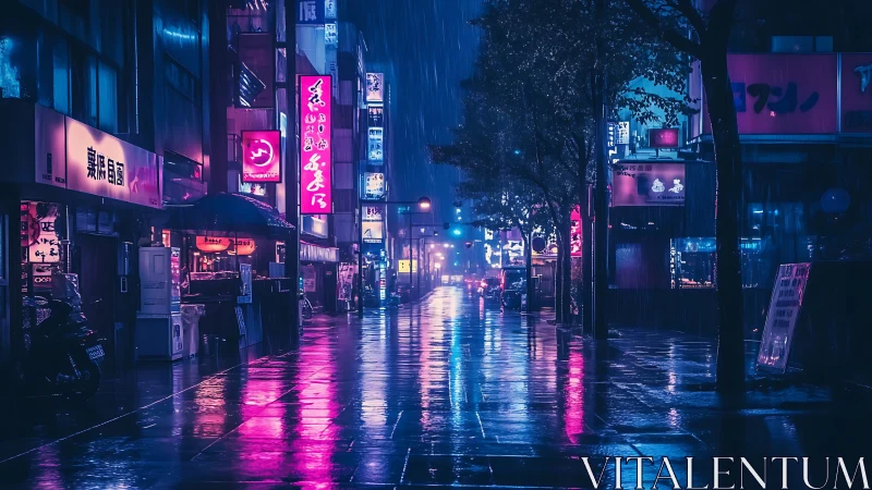 Neon lit rainy city street with reflective wet pavement.