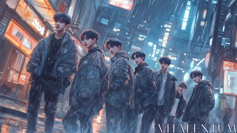 Stormlit street boys stand united in neon drenched rain