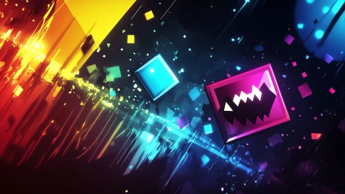 Neon geometric icons slice through prismatic digital void.