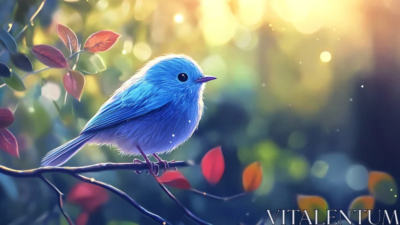 Vibrant Bluebird on Branch in Dreamy Digital Art Style.
