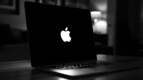 Backlit laptop logo illuminates keyboard in low-key monochrome