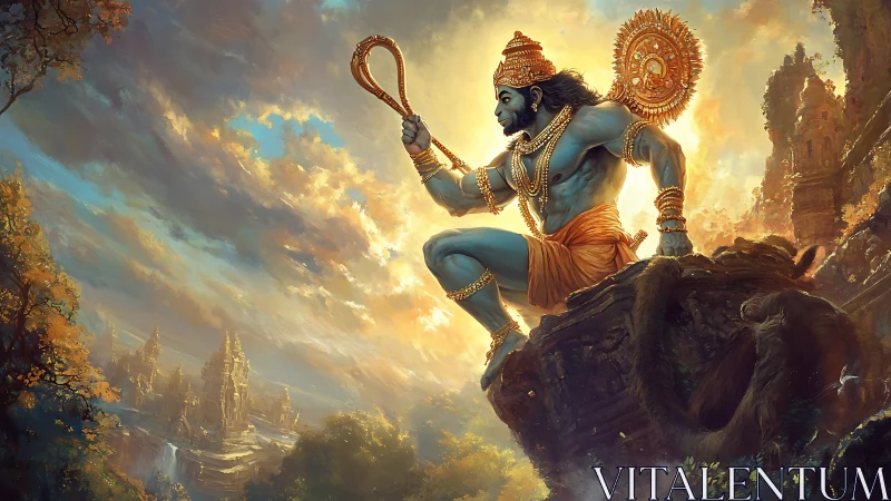 Dynamic mythic warrior poised on rock amid radiant temple valley