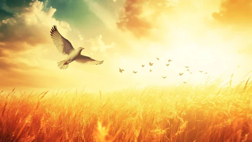White dove rises over golden wheat at radiant sunrise.
