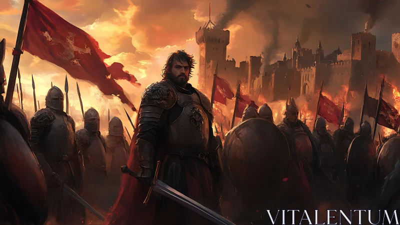 War-weary knight leads burning siege under crimson sky.