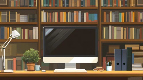 Cozy digital desk tucked into a book lover’s library nook.