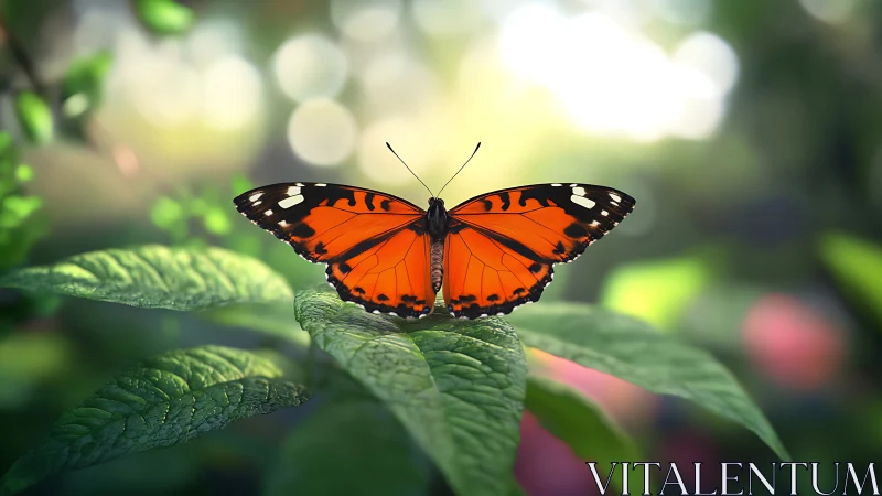 Bright orange butterfly rests gently on lush green leaves
