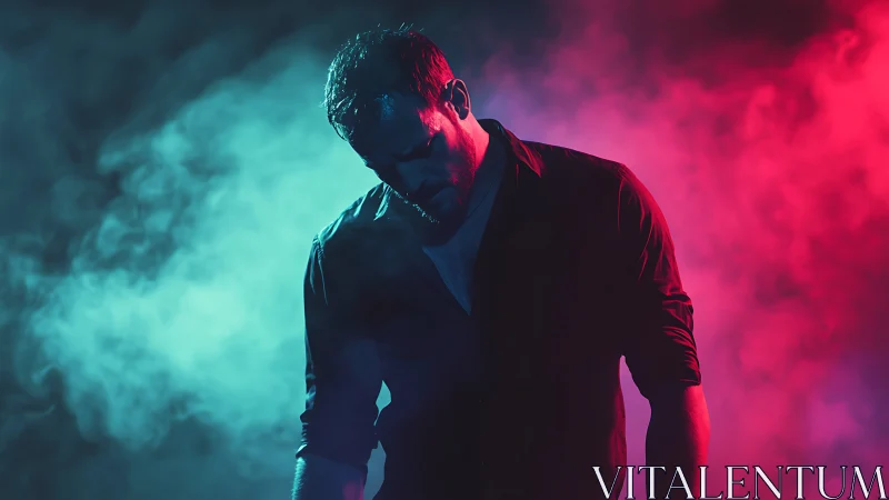 Moody male silhouette bisected by cyan and magenta rim lighting