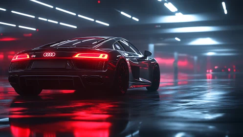 Rear three-quarter Audi R8 in wet neon-lit parking structure