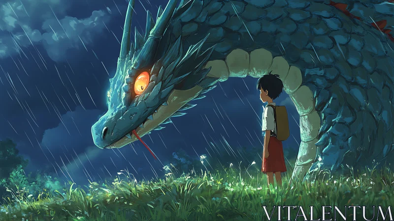 Stormlit boy confronting bioluminescent dragon under rain