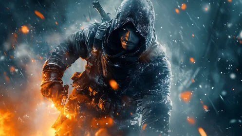 Hooded tactical operative in frozen-fire battlefield environment