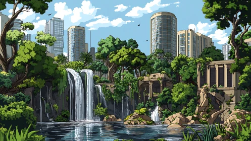 Urban waterfalls welcome nature into a calm, modern city haven