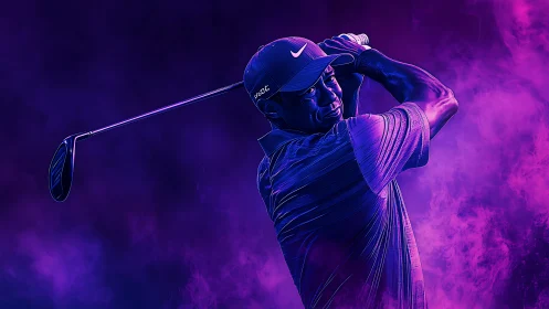 Digital painting of golfer in neon purple atmospheric lighting.