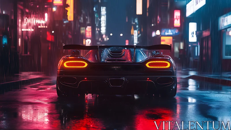 Supercar waits in neon‑lit rain, glowing against wet asphalt