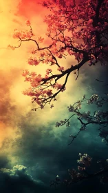 Blossoming tree branches against dramatic split sky.