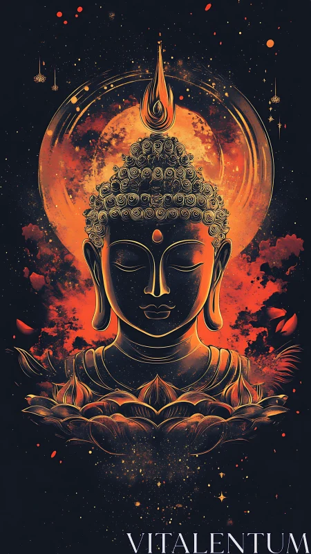 Cosmic Buddha afloat in ember lotus and molten halo glow.