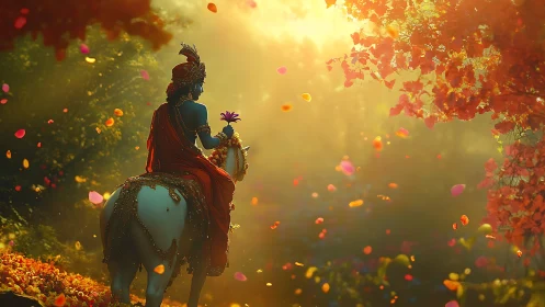 Divine rider in petal-lit forest, cinematic golden backlight.