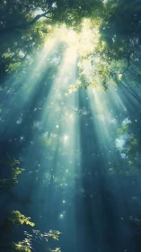 Sunbeams Penetrate Verdant Forest Canopy in Ethereal Mist.