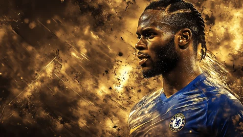 Digital portrait of soccer player in blue jersey amid gold storm.