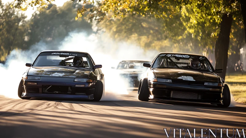 Twin black drift cars sliding on sunlit tree-lined road.