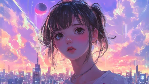 Stargazed girl adrift above a neon pastel sunrise city.