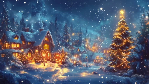 Snowy Christmas village under glowing festive lights.