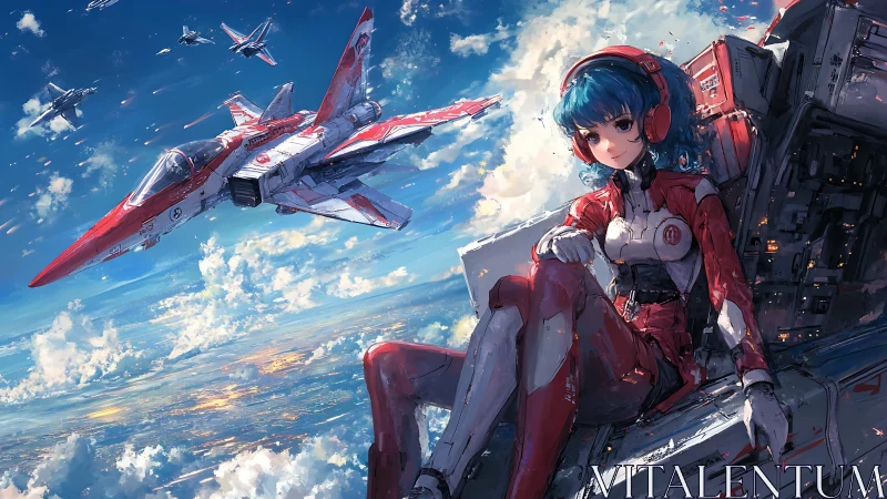 Futuristic anime pilot with red starfighters over clouds.