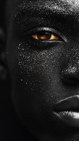 Glittered black portrait with single golden eye focus.