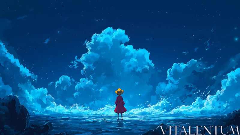 Stargazing child under luminous ocean skyscape at night.