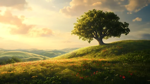 Lone oak crowns sunlit wildflower hill at golden hour.