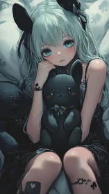 Anime girl with black plush toy seated against white bedding