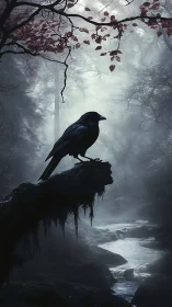 Nocturnal raven silhouette in misted woodland composition.