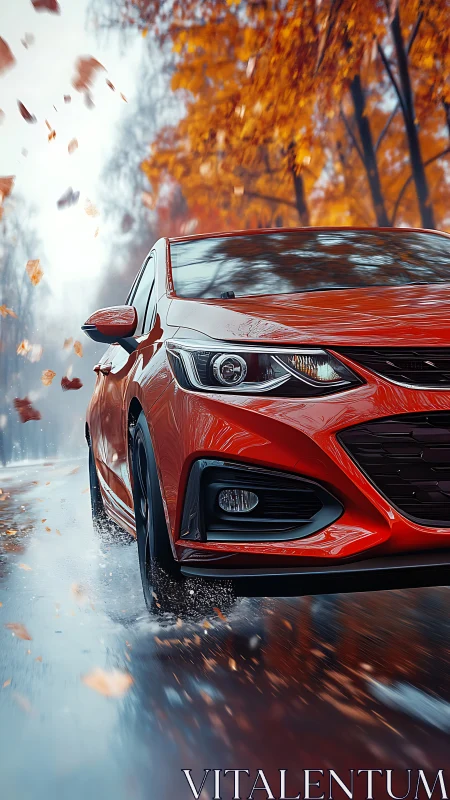 Scarlet sport sedan slicing through wet autumn avenue.