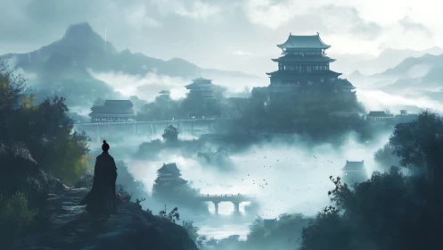 Mist-draped scholar contemplates a distant mountain citadel